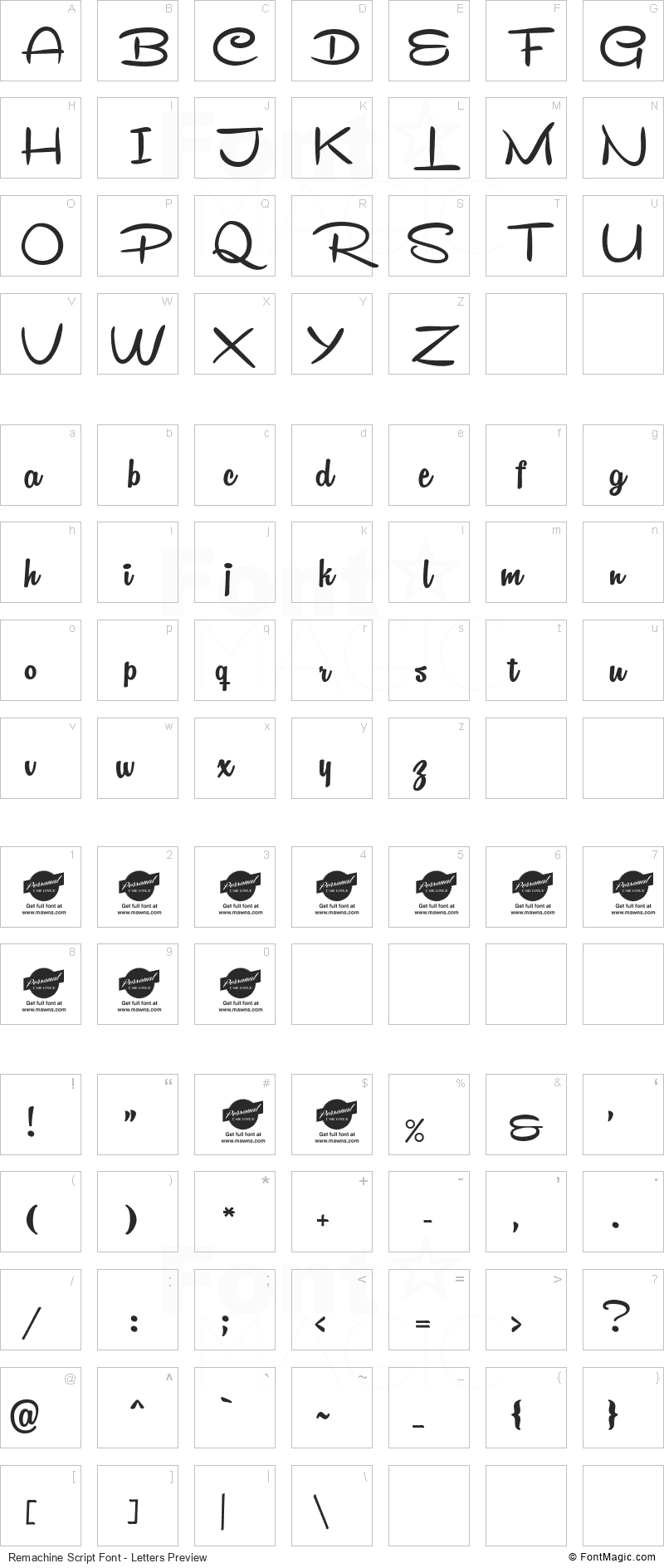 Remachine Script Font - All Latters Preview Chart