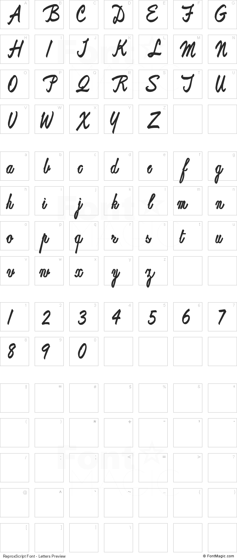 ReproxScript Font - All Latters Preview Chart