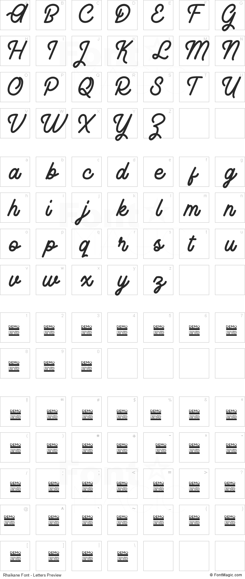 Rhaikane Font - All Latters Preview Chart
