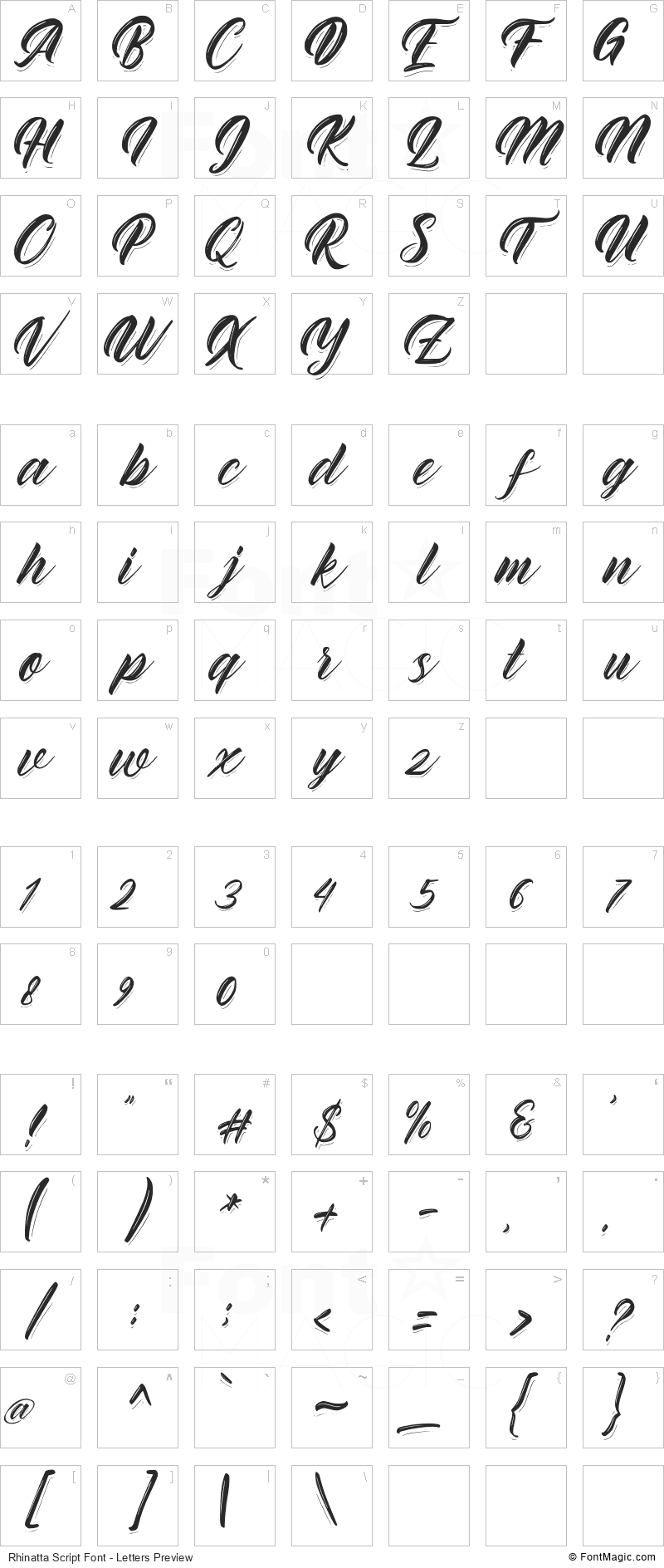 Rhinatta Script Font - All Latters Preview Chart