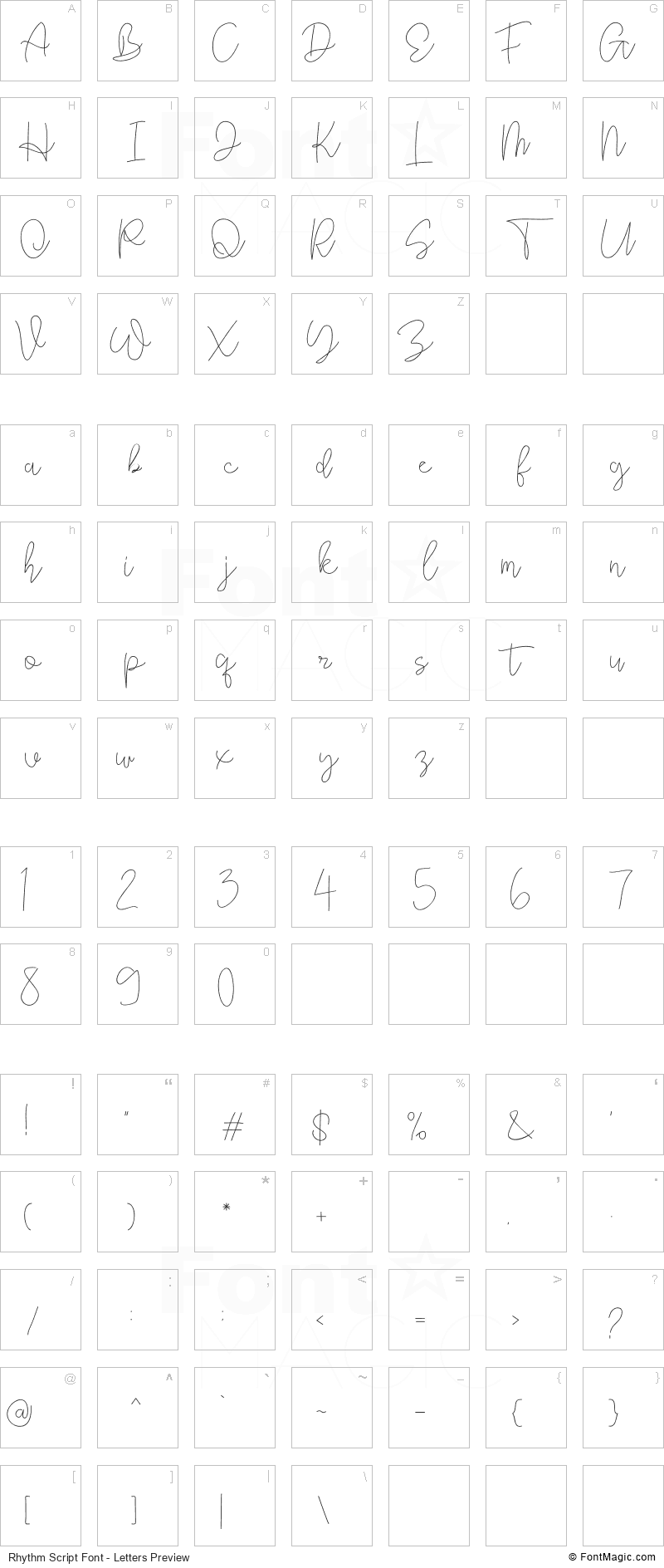 Rhythm Script Font - All Latters Preview Chart