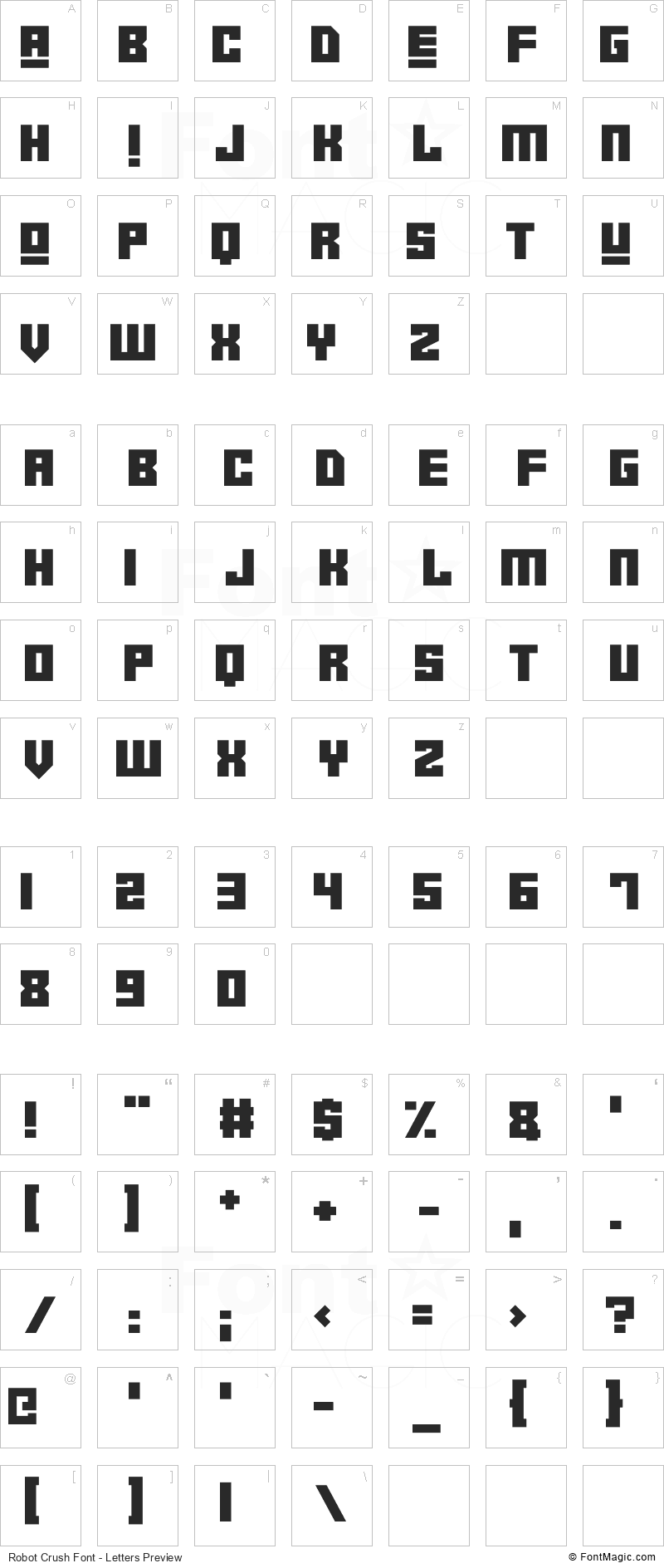 Robot Crush Font - All Latters Preview Chart