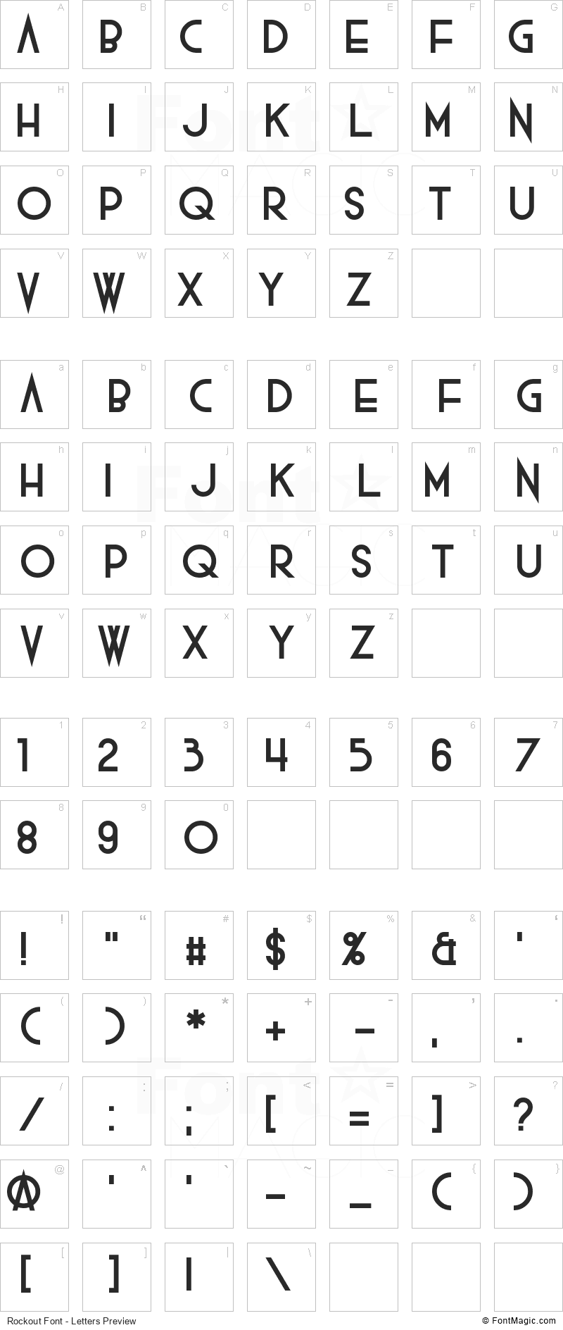 Rockout Font - All Latters Preview Chart