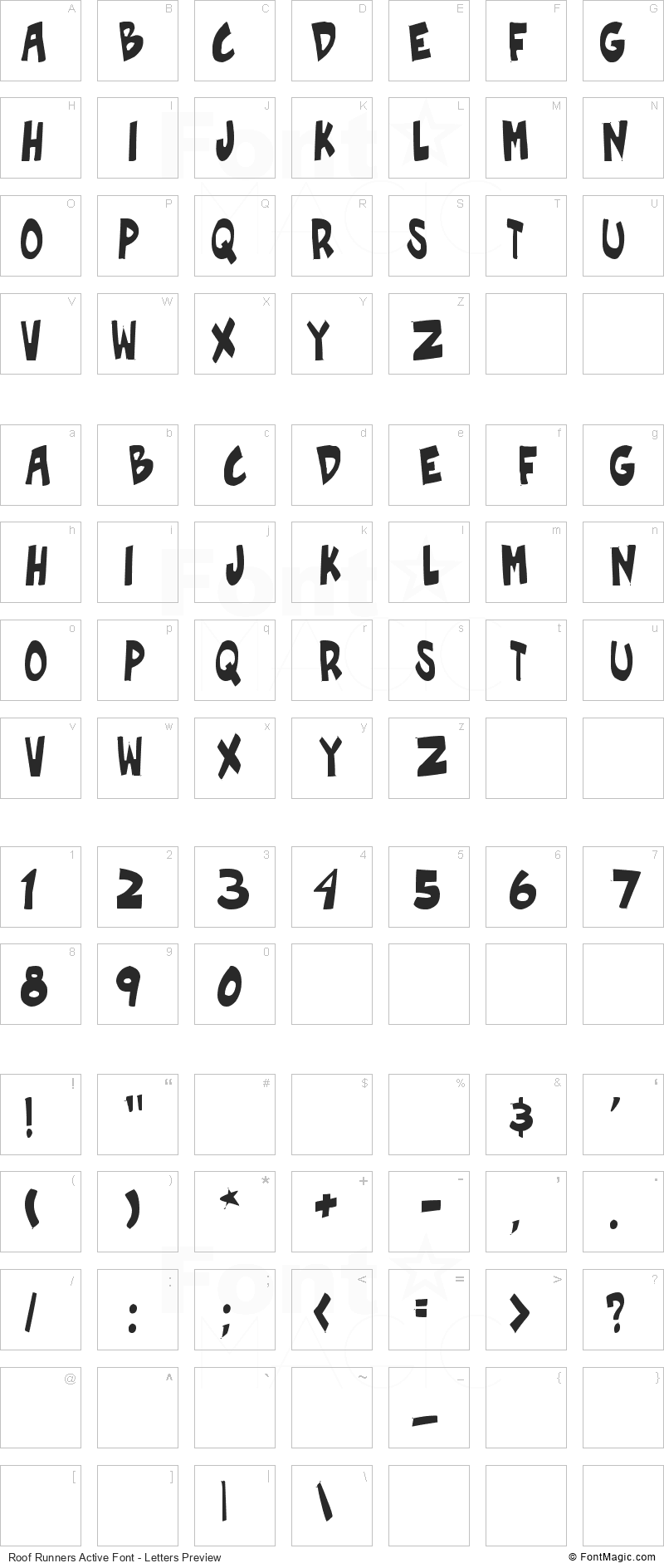 Roof Runners Active Font - All Latters Preview Chart