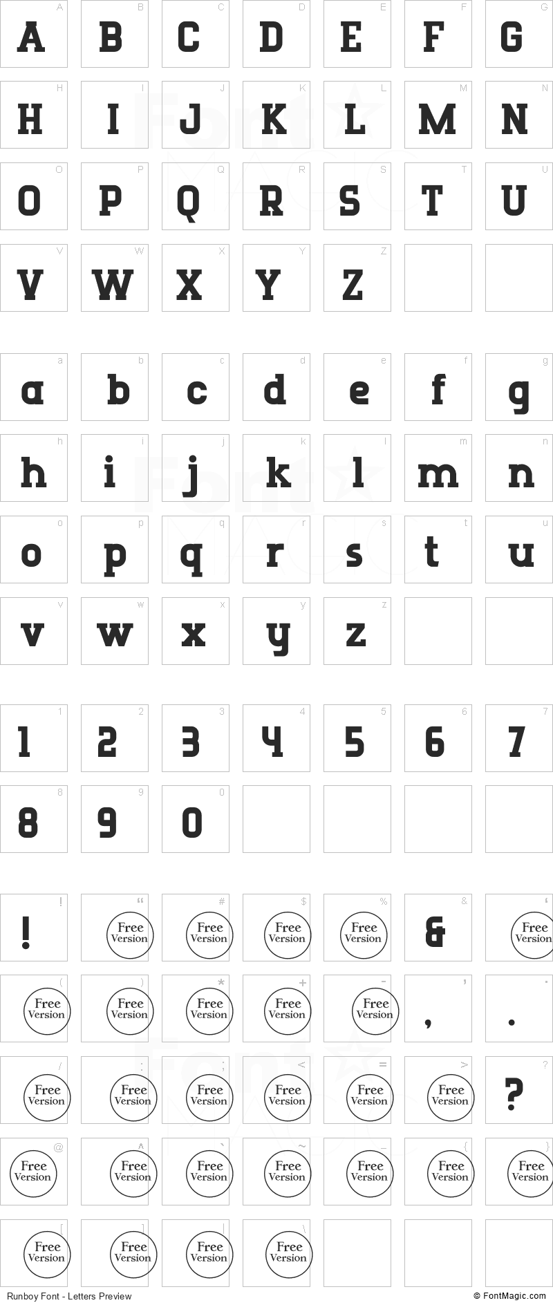 Runboy Font - All Latters Preview Chart