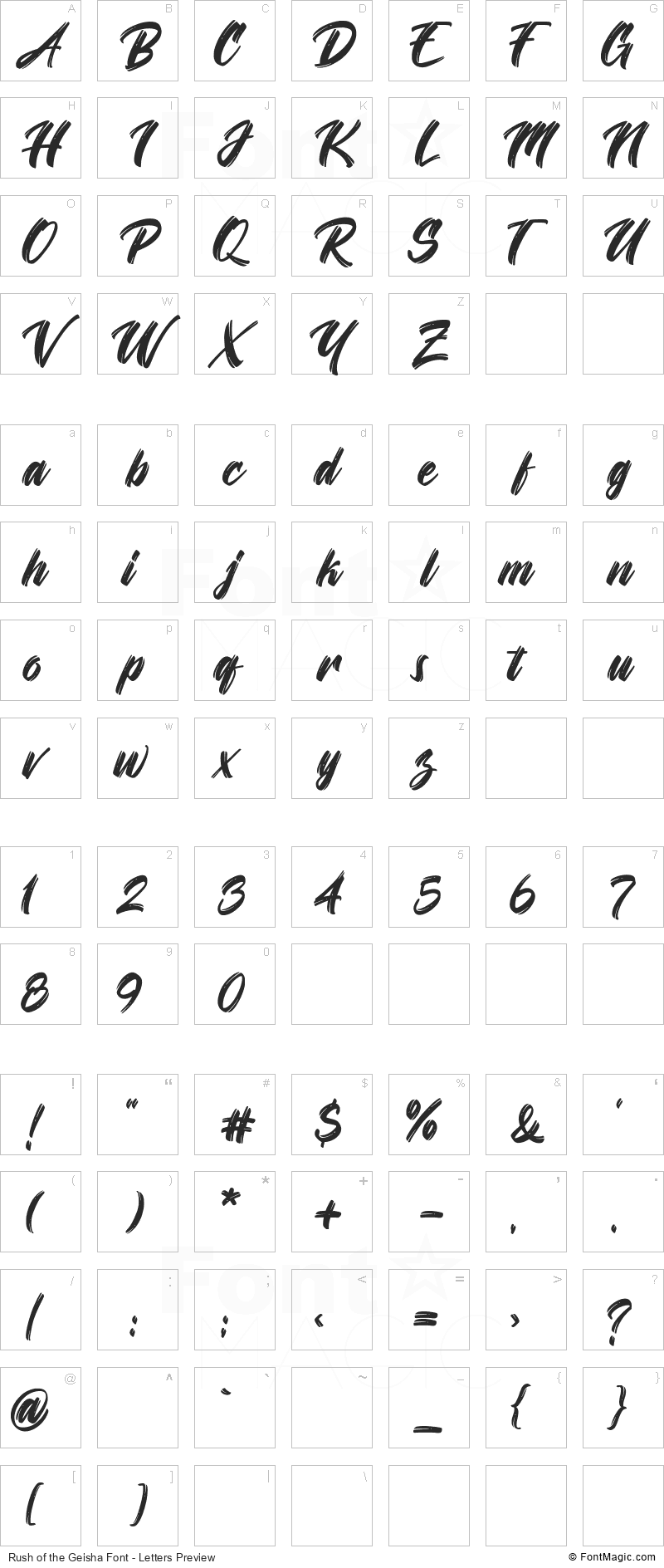 Rush of the Geisha Font - All Latters Preview Chart
