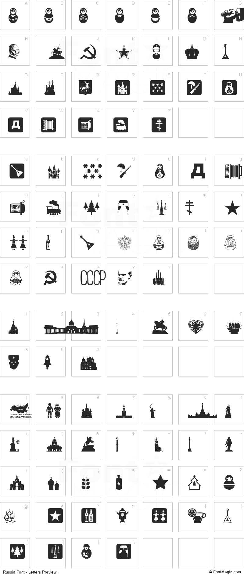 Russia Font - All Latters Preview Chart