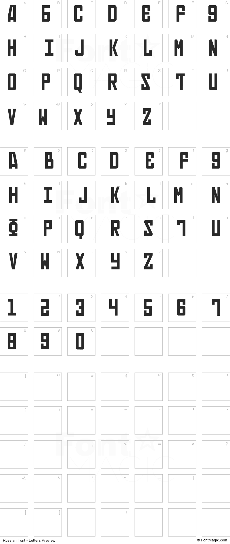 Russian Font - All Latters Preview Chart