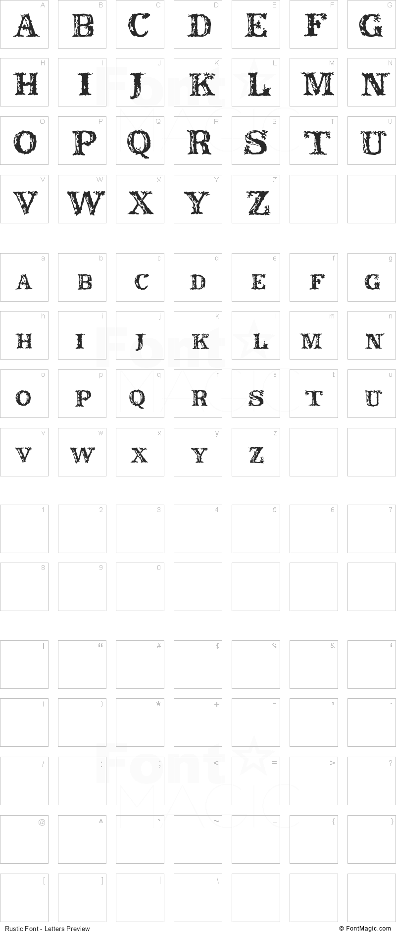 Rustic Font - All Latters Preview Chart