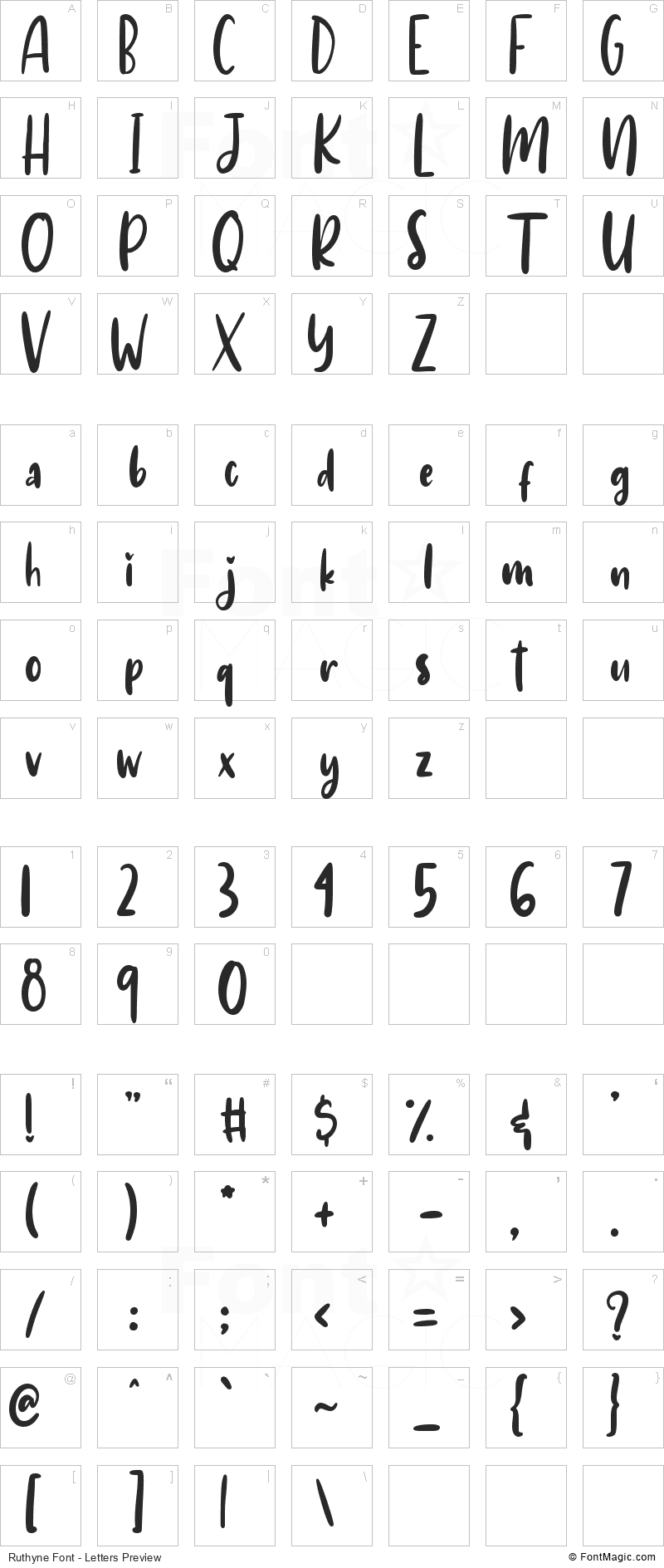 Ruthyne Font - All Latters Preview Chart