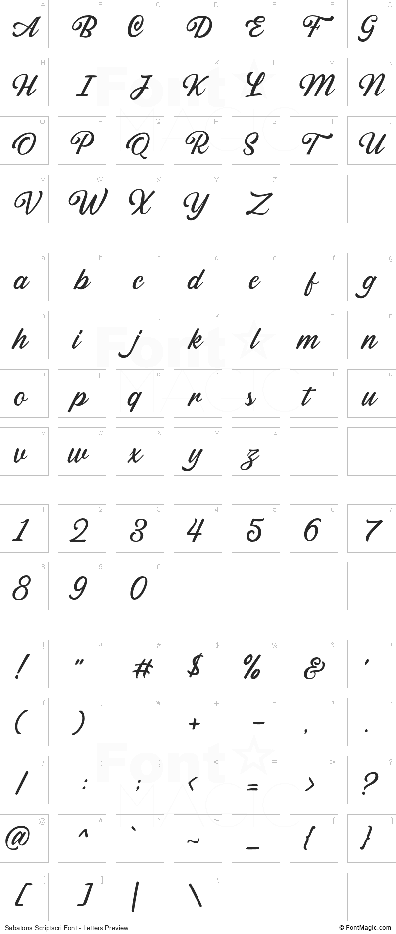 Sabatons Scriptscri Font - All Latters Preview Chart