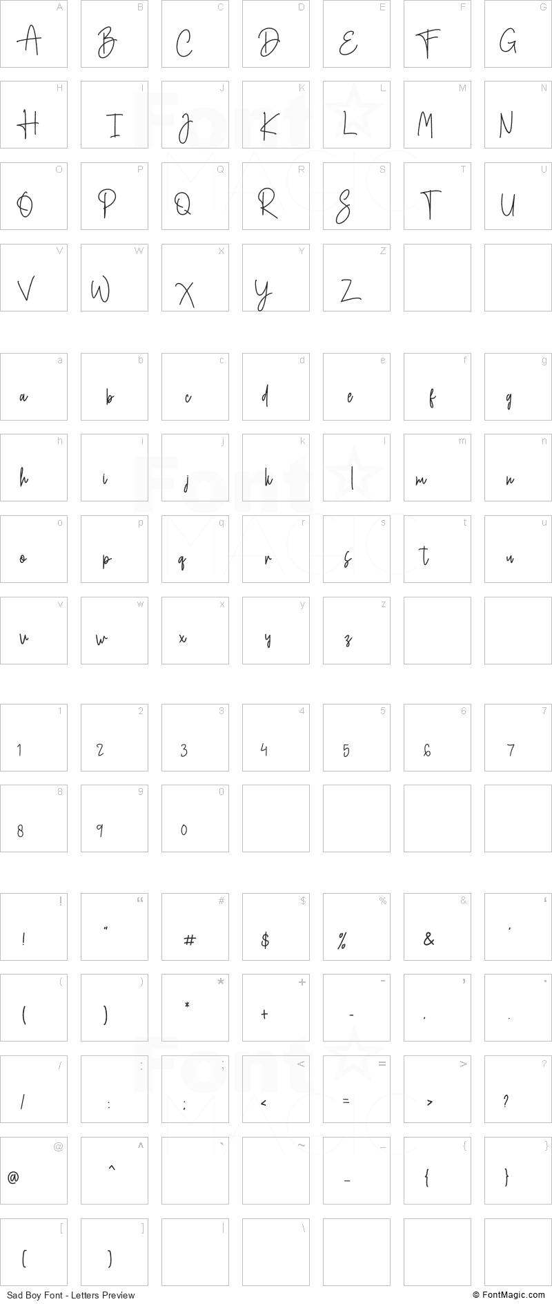 Sad Boy Font - All Latters Preview Chart
