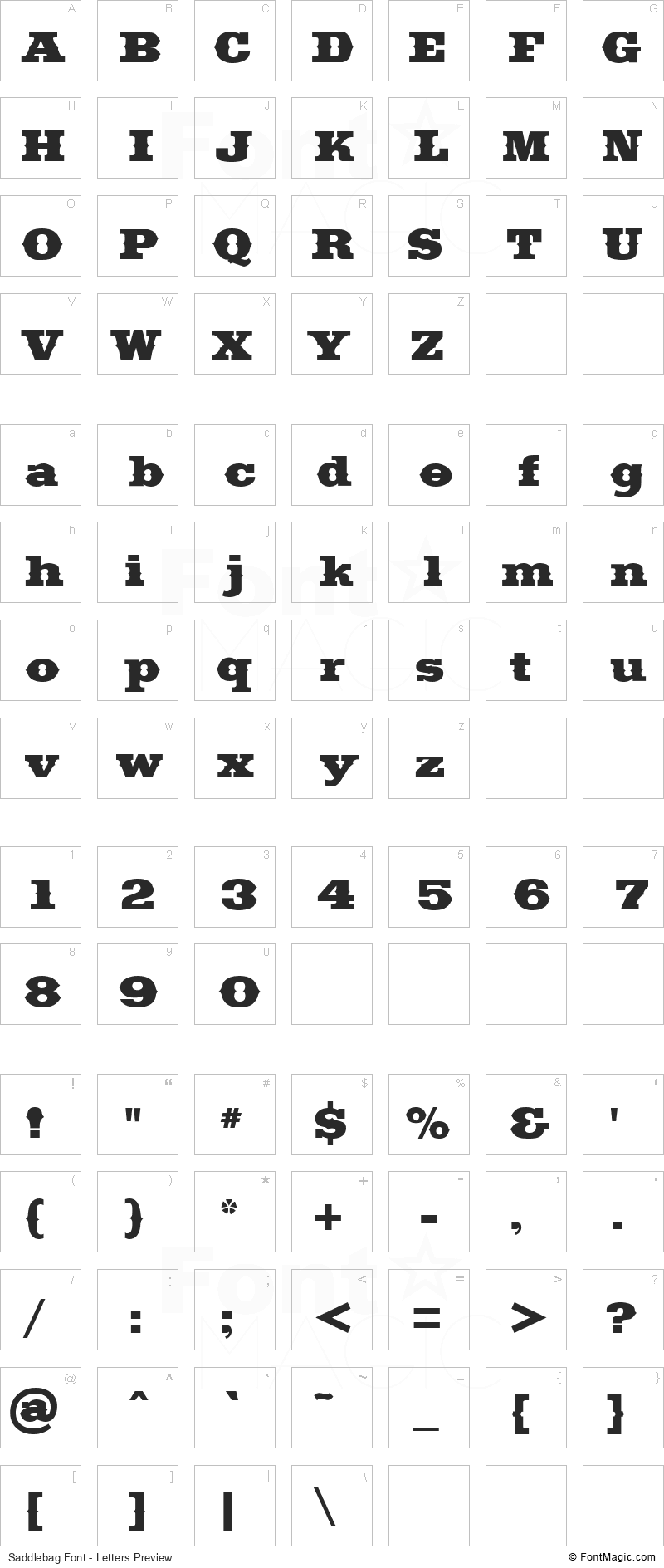 Saddlebag Font - All Latters Preview Chart