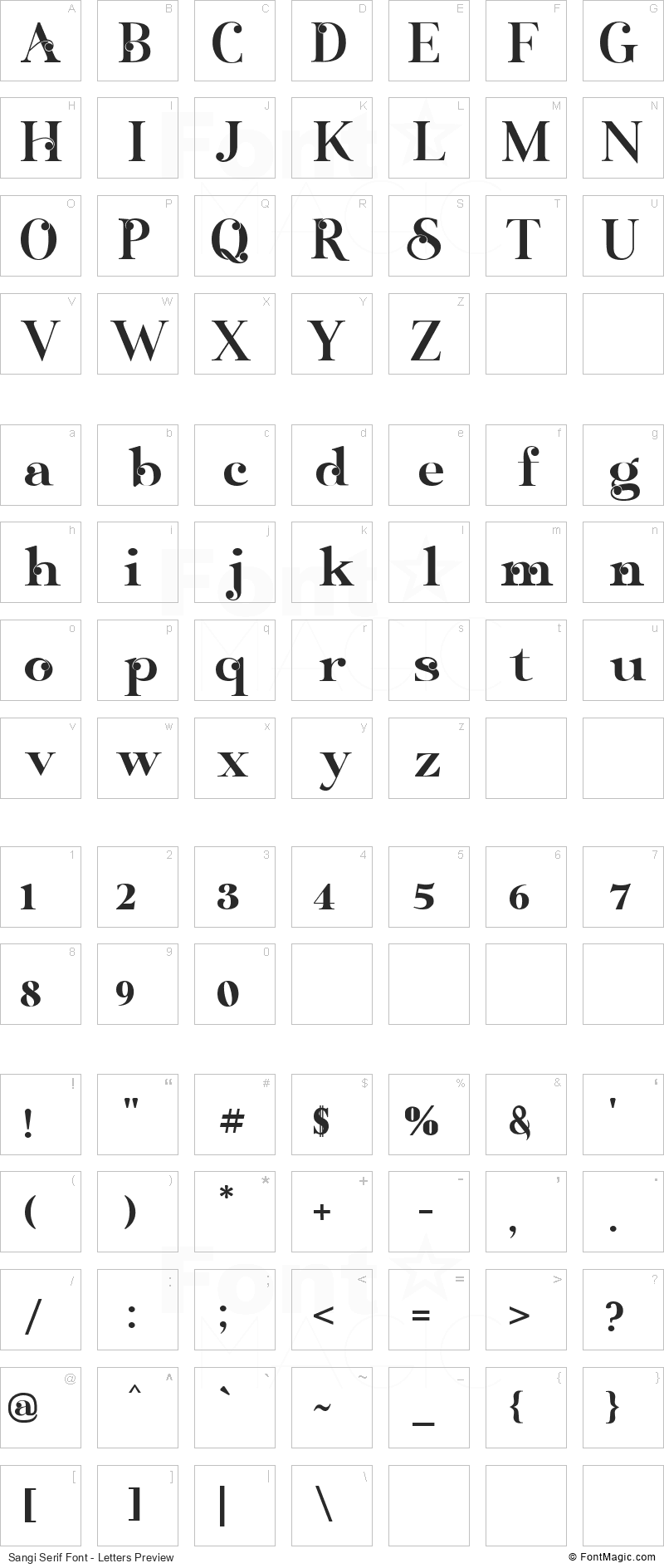 Sangi Serif Font - All Latters Preview Chart