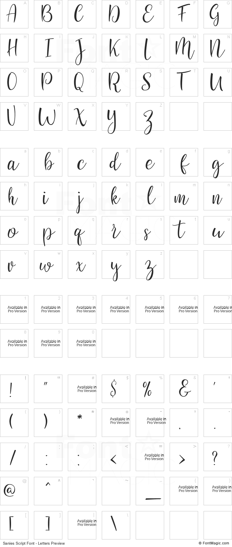 Sanies Script Font - All Latters Preview Chart