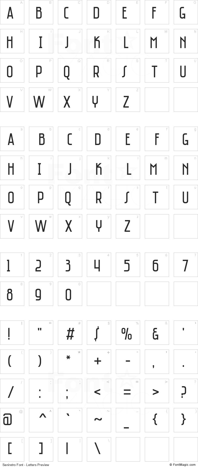 Saniretro Font - All Latters Preview Chart