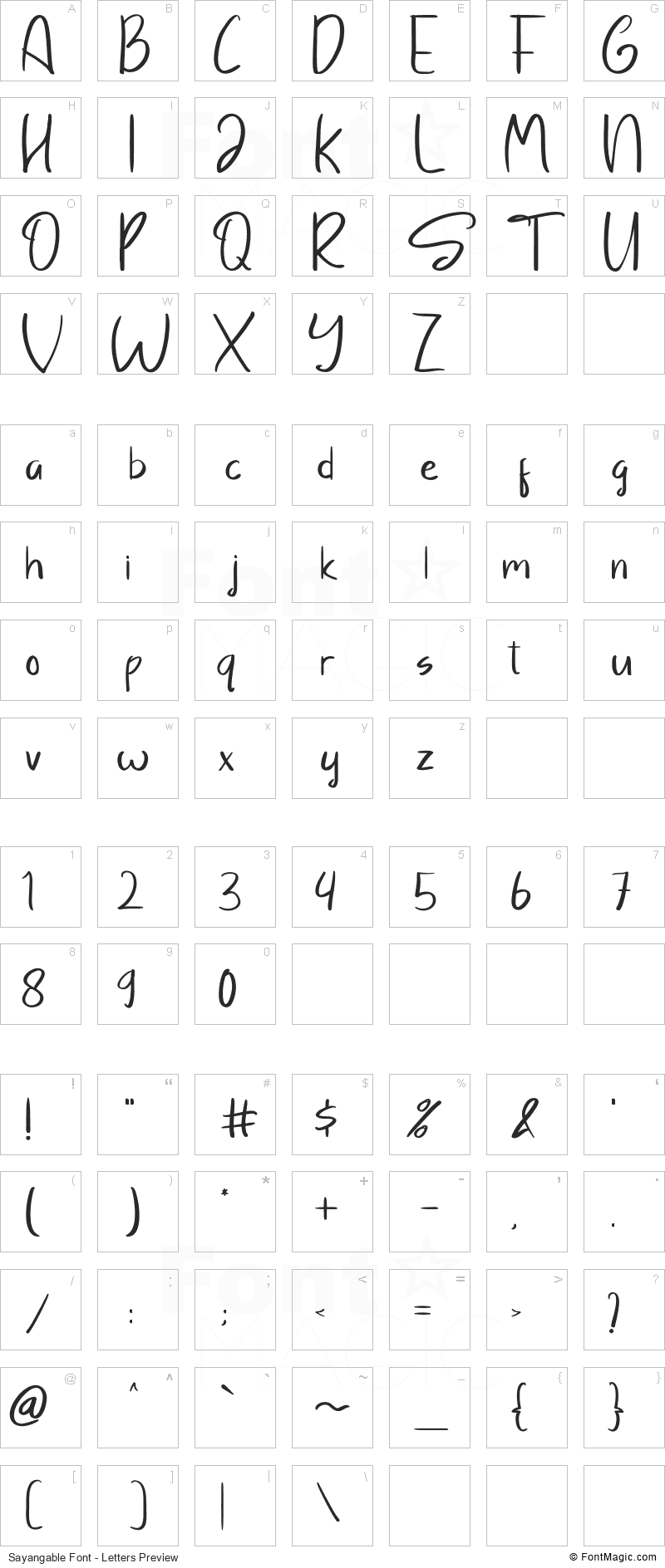 Sayangable Font - All Latters Preview Chart