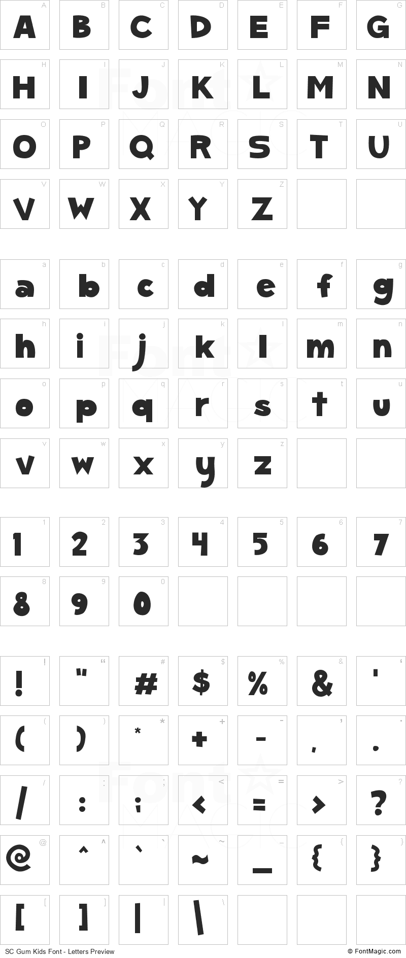 SC Gum Kids Font - All Latters Preview Chart