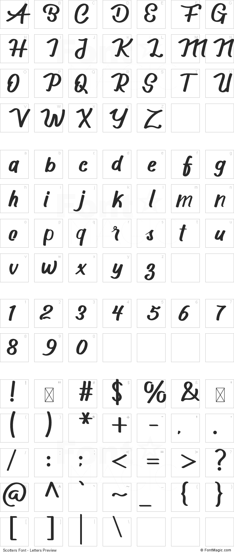 Scotters Font - All Latters Preview Chart