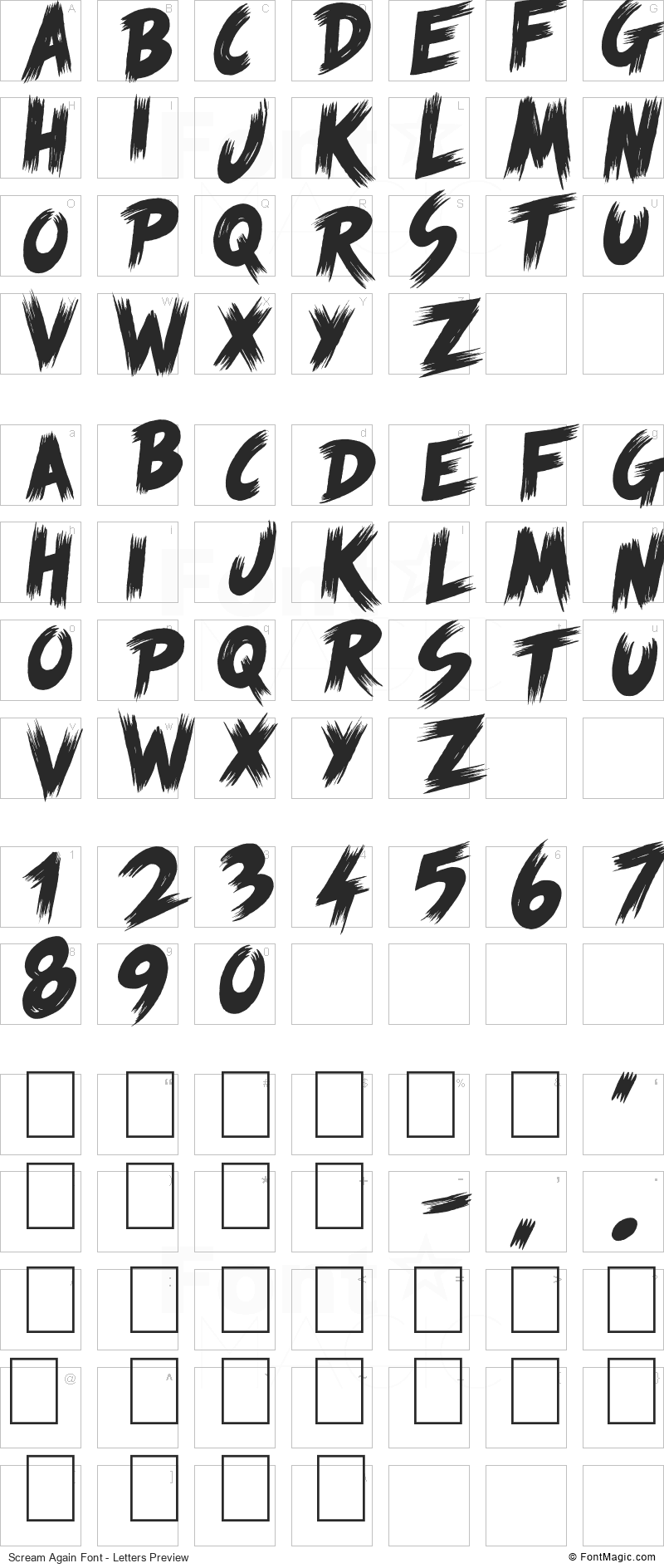 Scream Again Font - All Latters Preview Chart