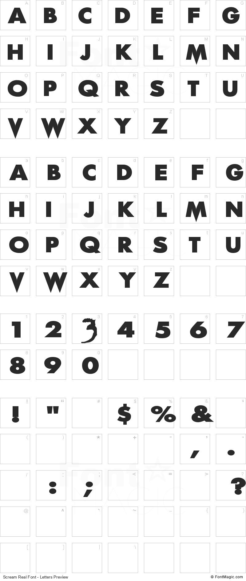 Scream Real Font - All Latters Preview Chart