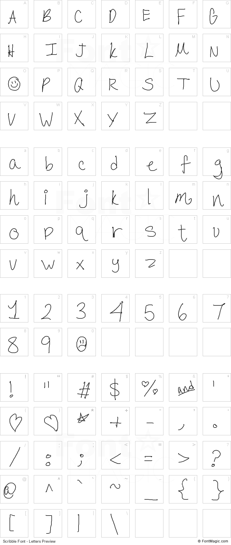 Scribble Font - All Latters Preview Chart
