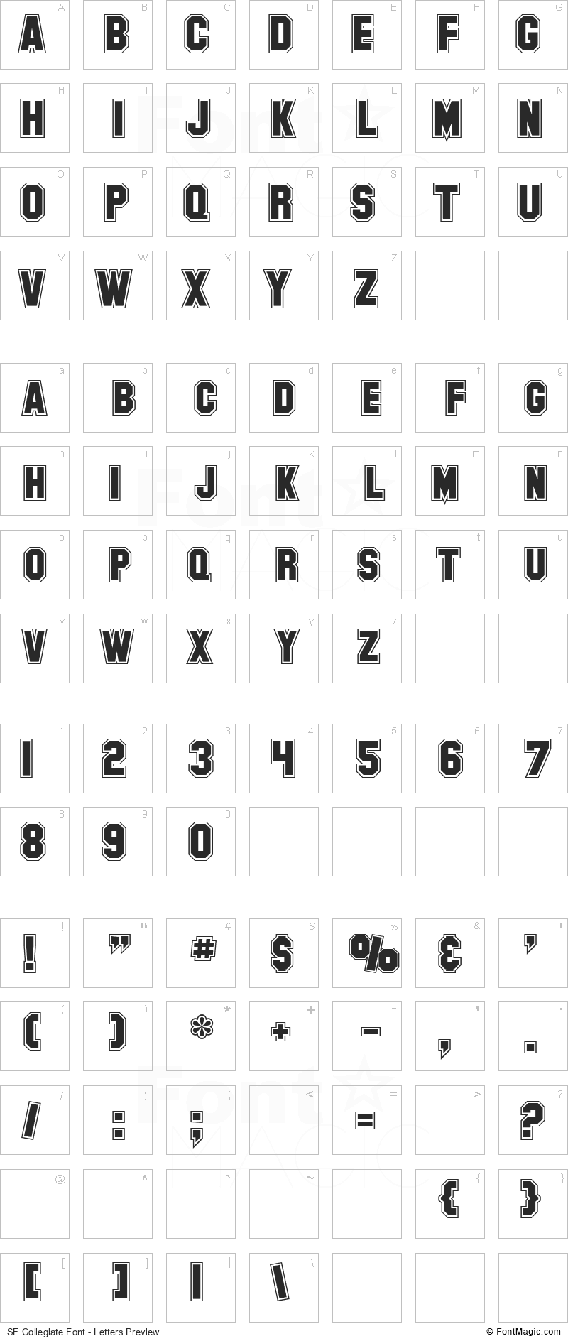 SF Collegiate Font - All Latters Preview Chart