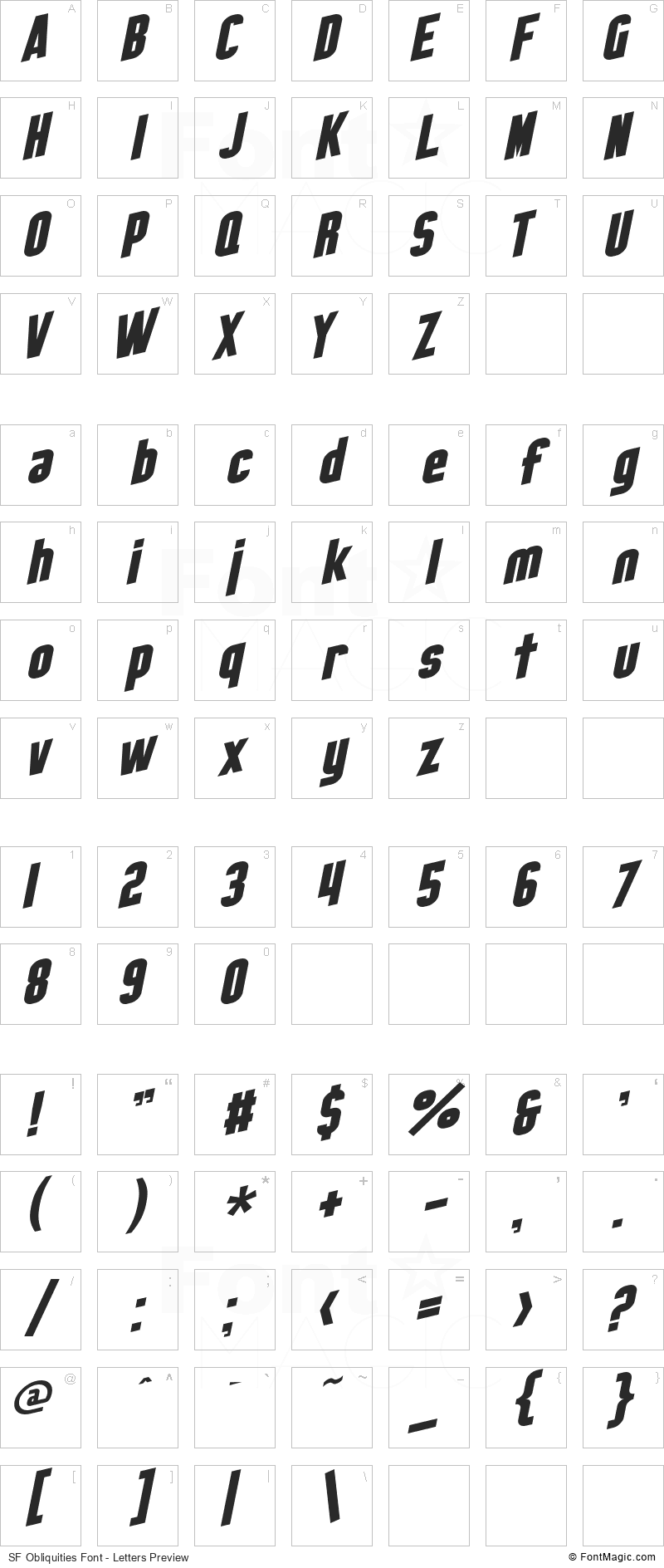 SF Obliquities Font - All Latters Preview Chart