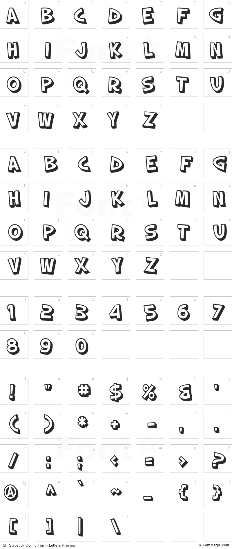 SF Slapstick Comic Font - All Latters Preview Chart