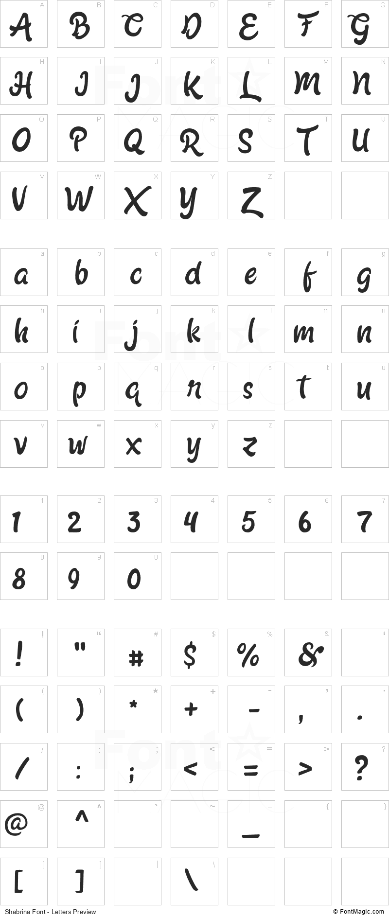 Shabrina Font - All Latters Preview Chart