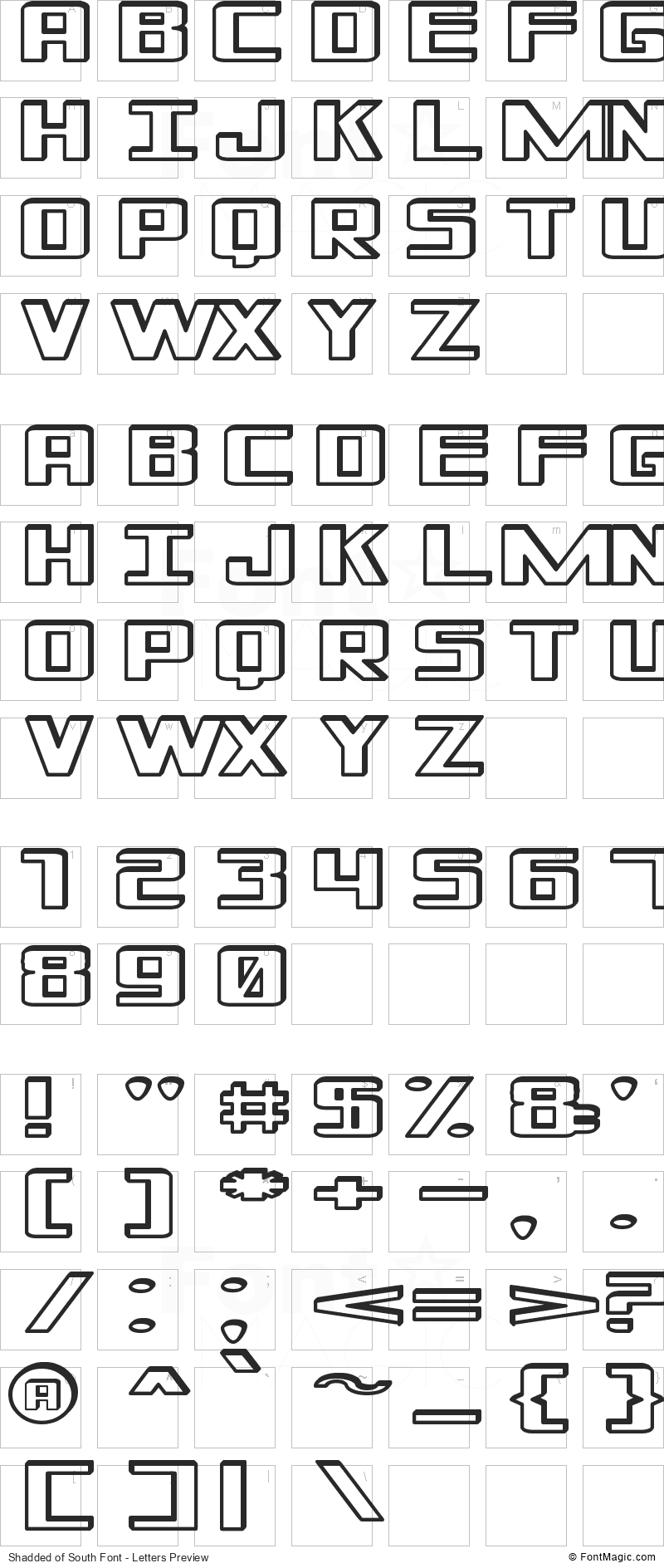 Shadded of South Font - All Latters Preview Chart