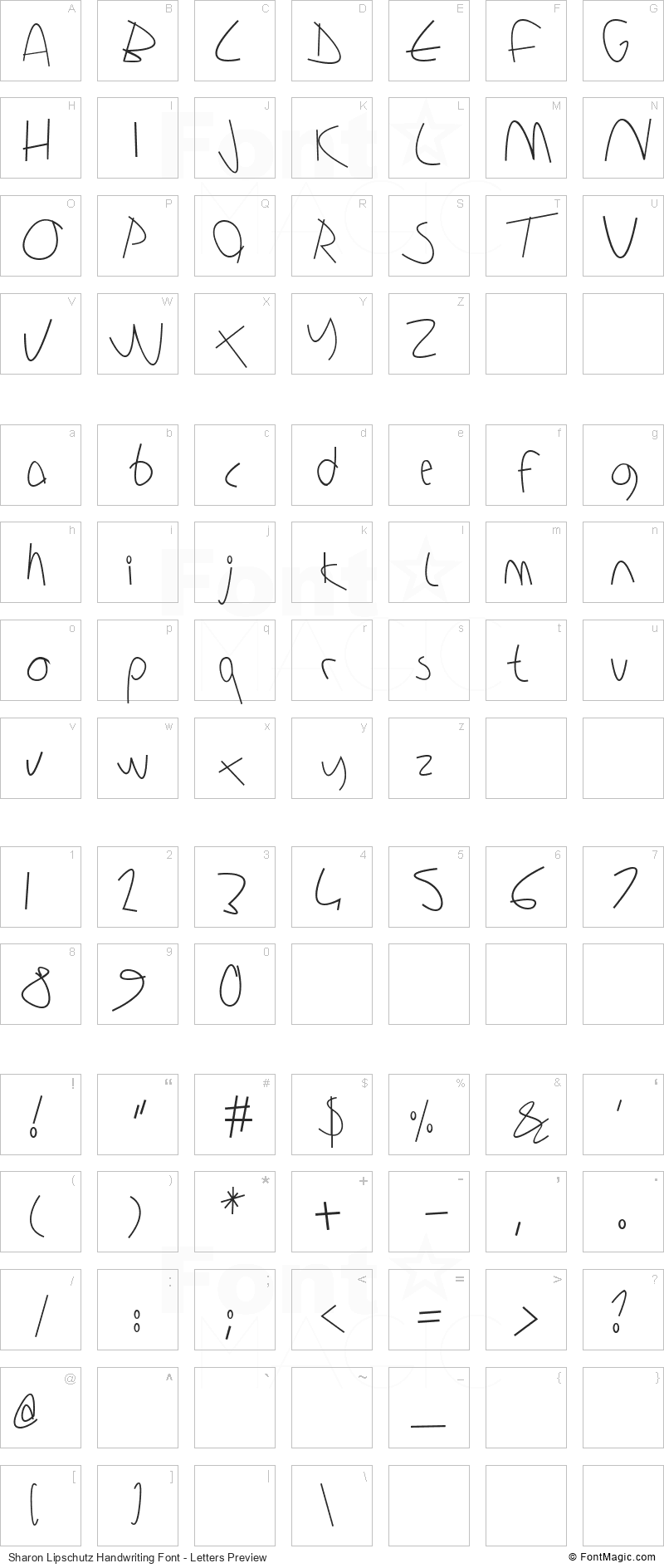 Sharon Lipschutz Handwriting Font - All Latters Preview Chart
