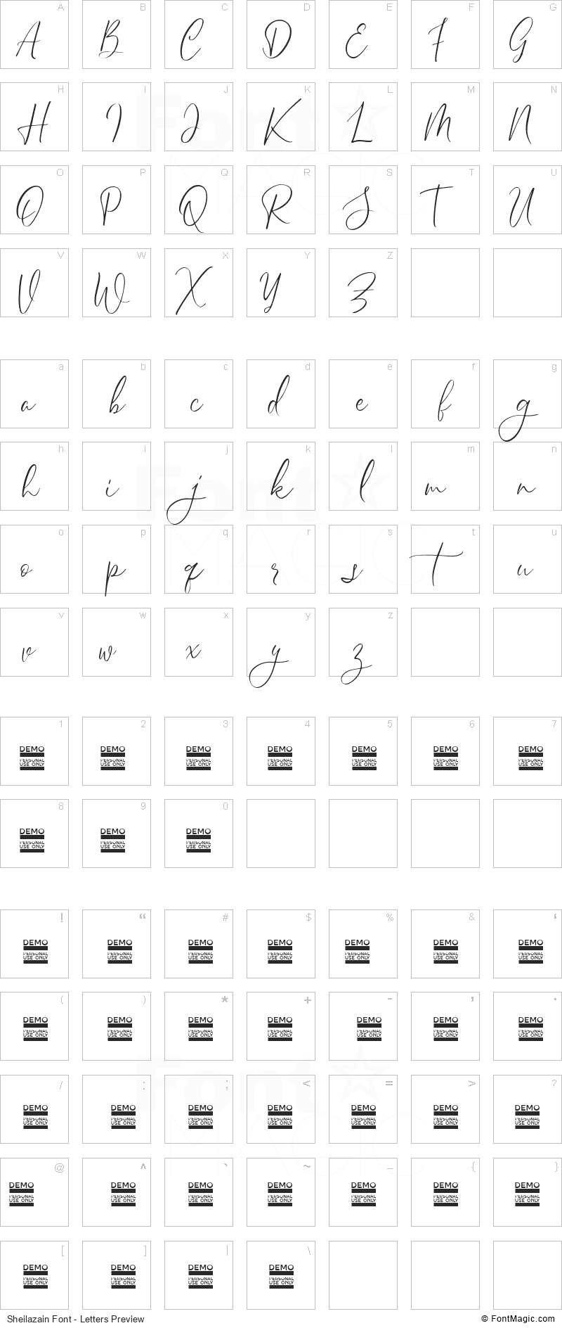Sheilazain Font - All Latters Preview Chart