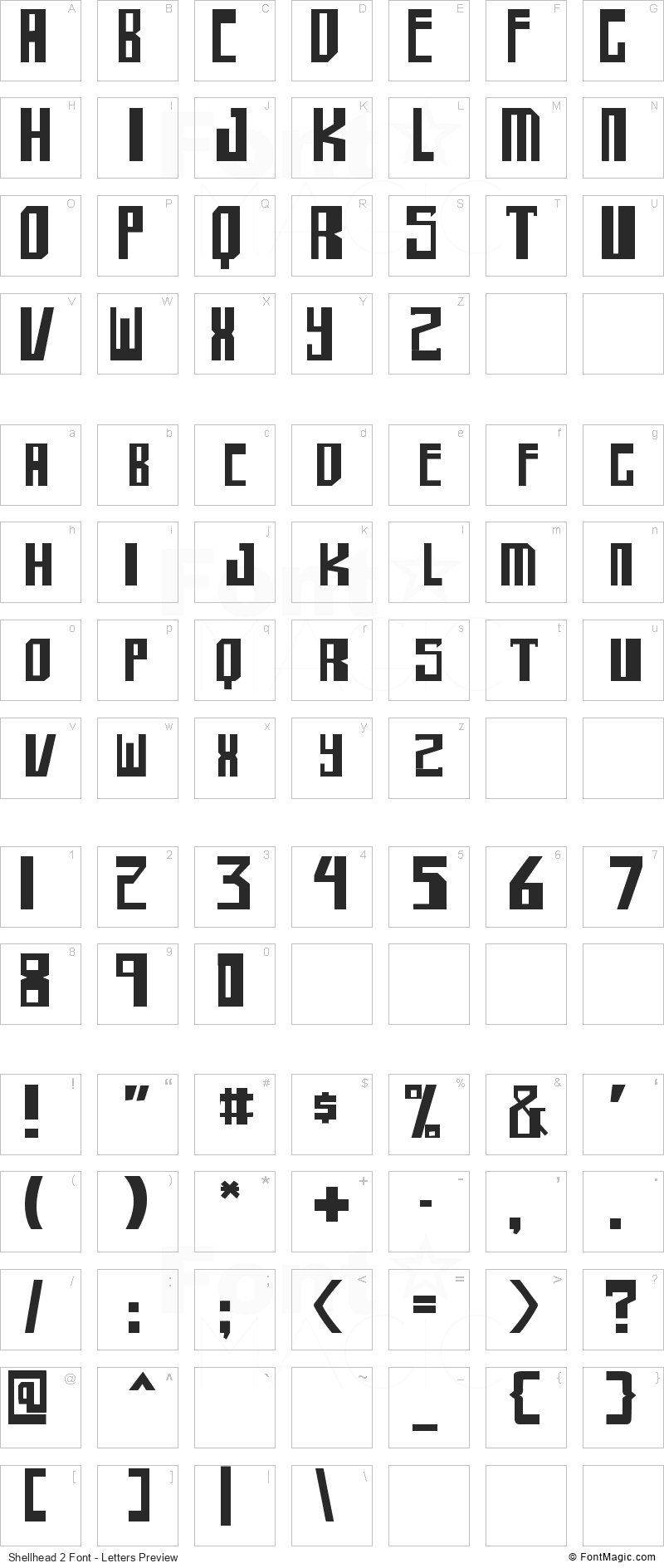 Shellhead 2 Font - All Latters Preview Chart