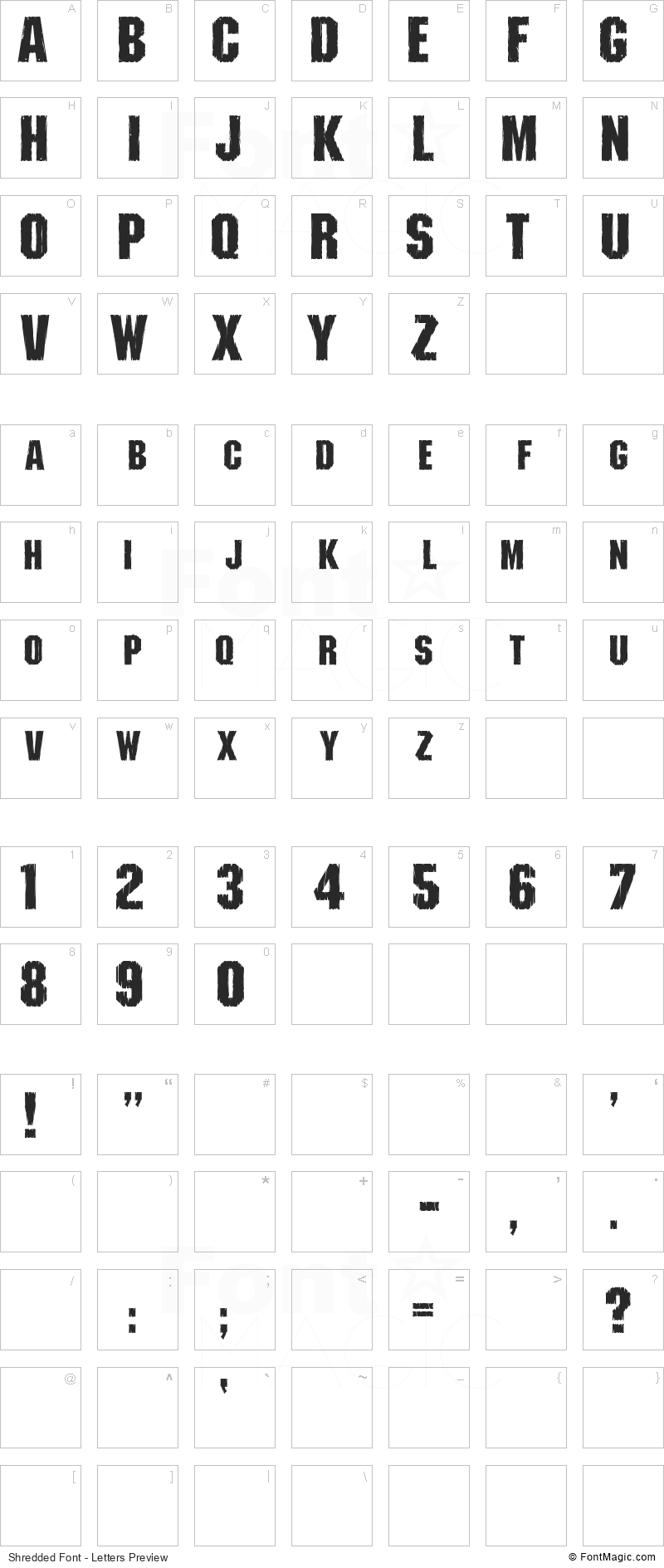 Shredded Font - All Latters Preview Chart
