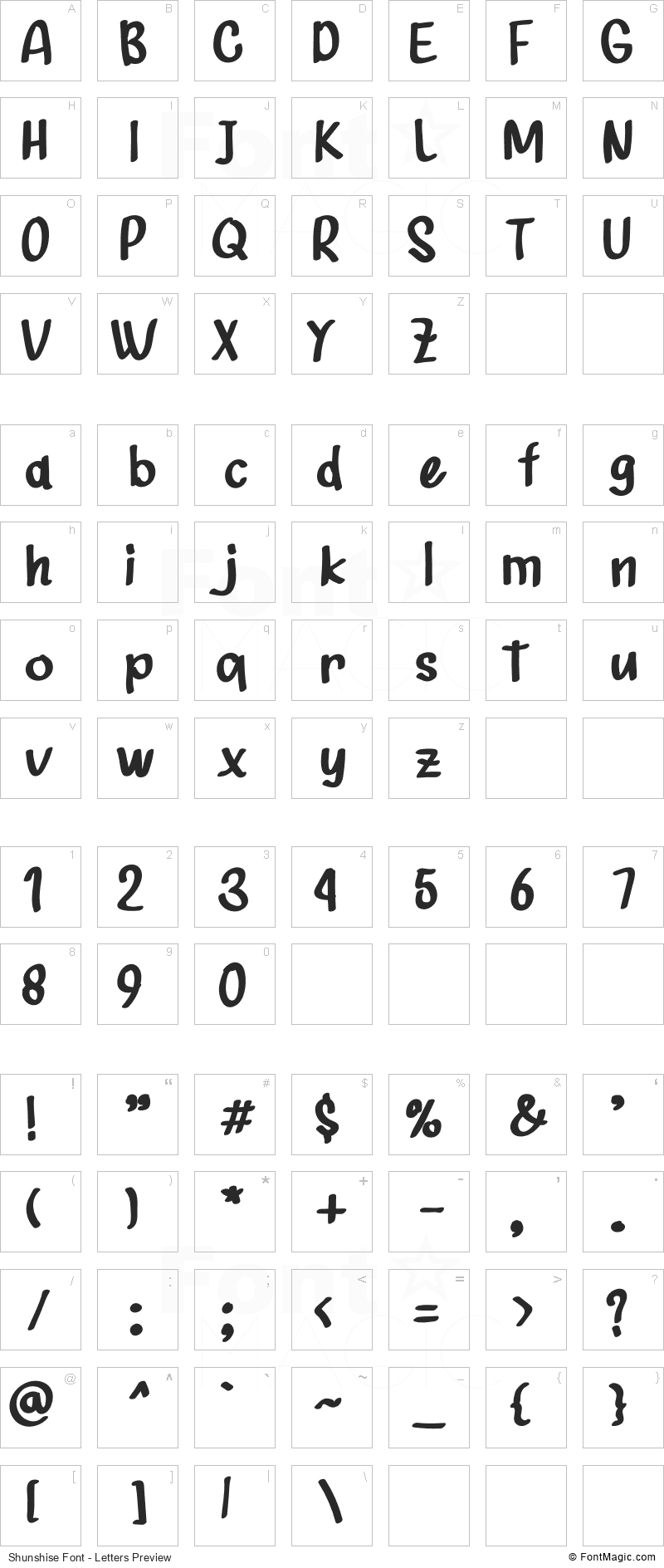 Shunshise Font - All Latters Preview Chart