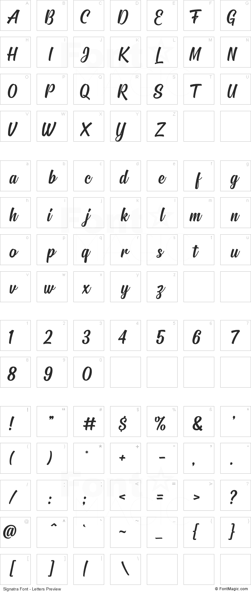 Signatra Font - All Latters Preview Chart