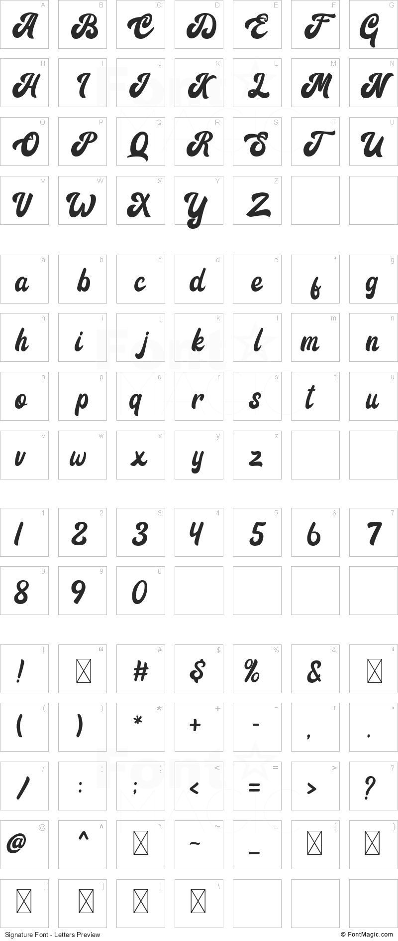 Signature Font - All Latters Preview Chart