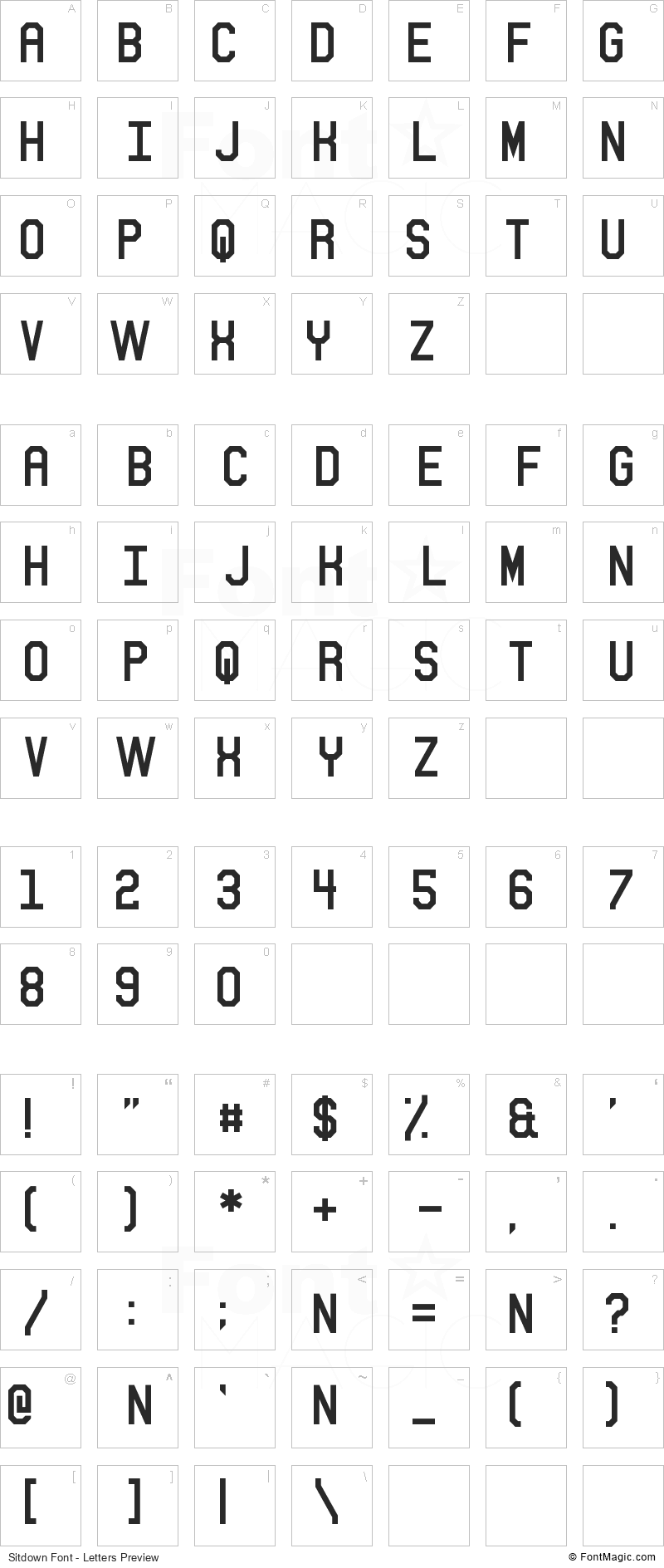 Sitdown Font - All Latters Preview Chart