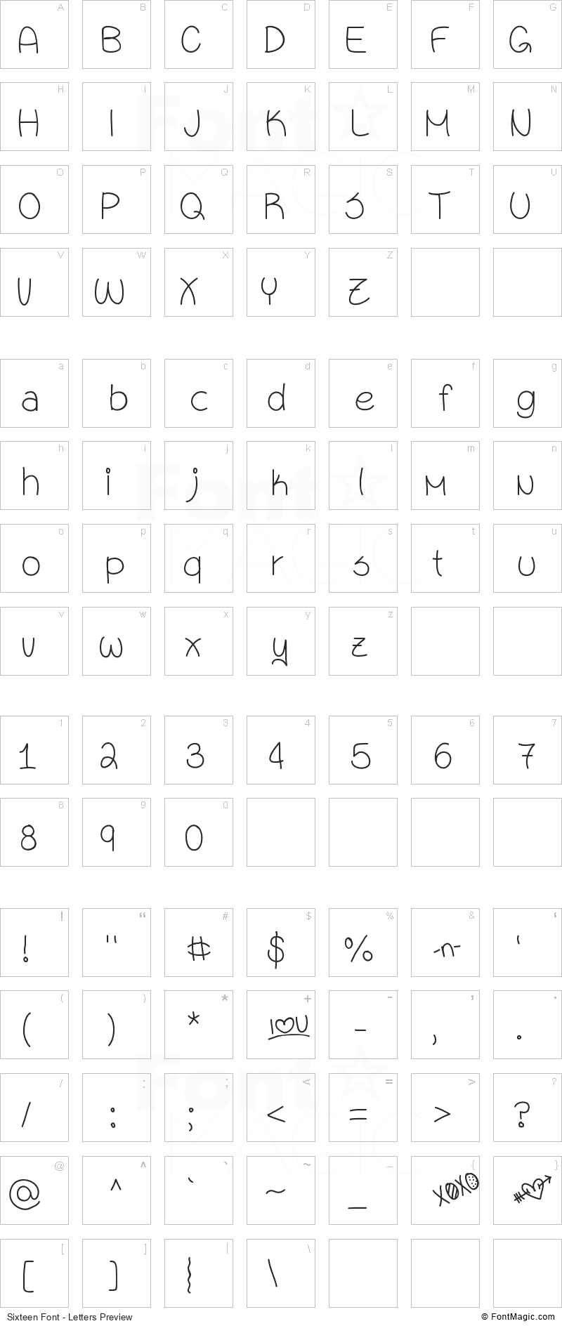 Sixteen Font - All Latters Preview Chart