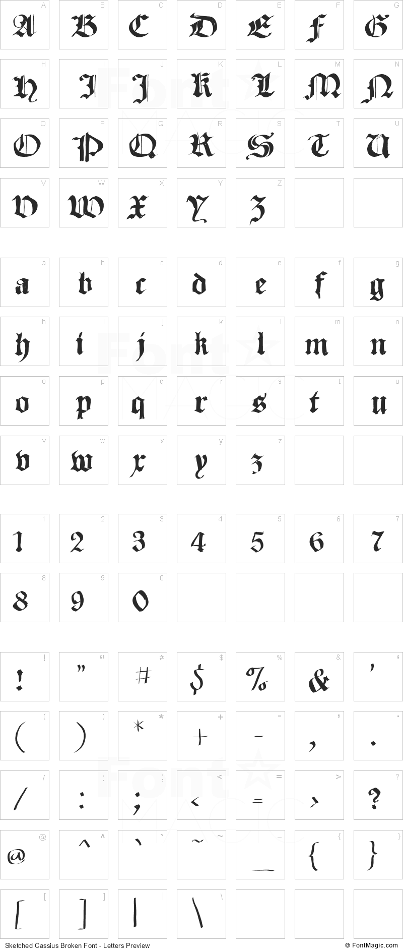 Sketched Cassius Broken Font - All Latters Preview Chart