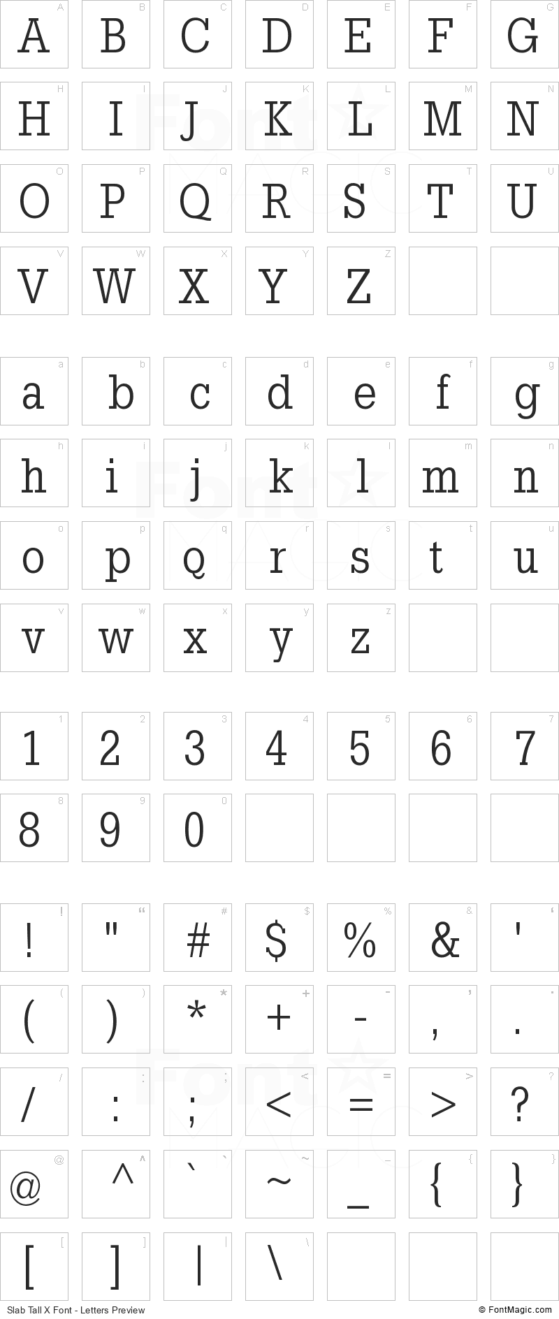 Slab Tall X Font - All Latters Preview Chart