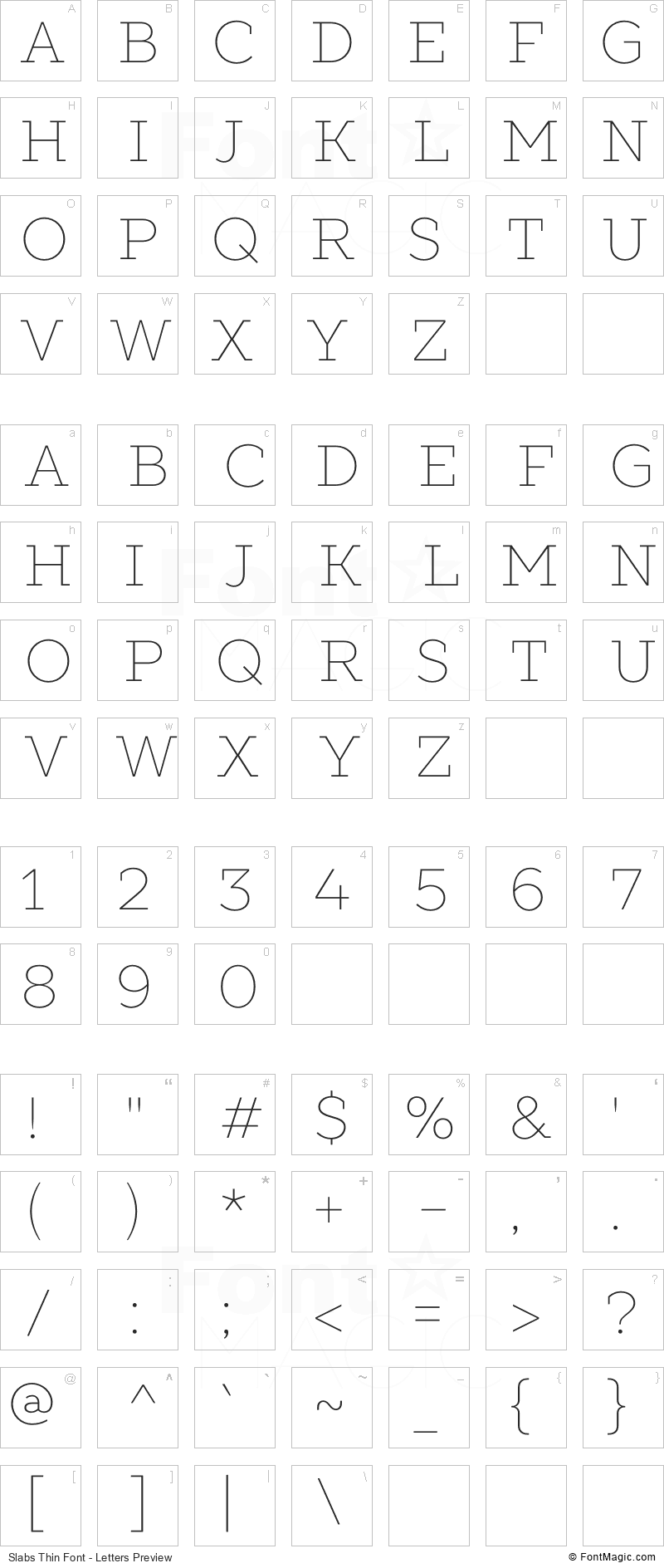 Slabs Thin Font - All Latters Preview Chart