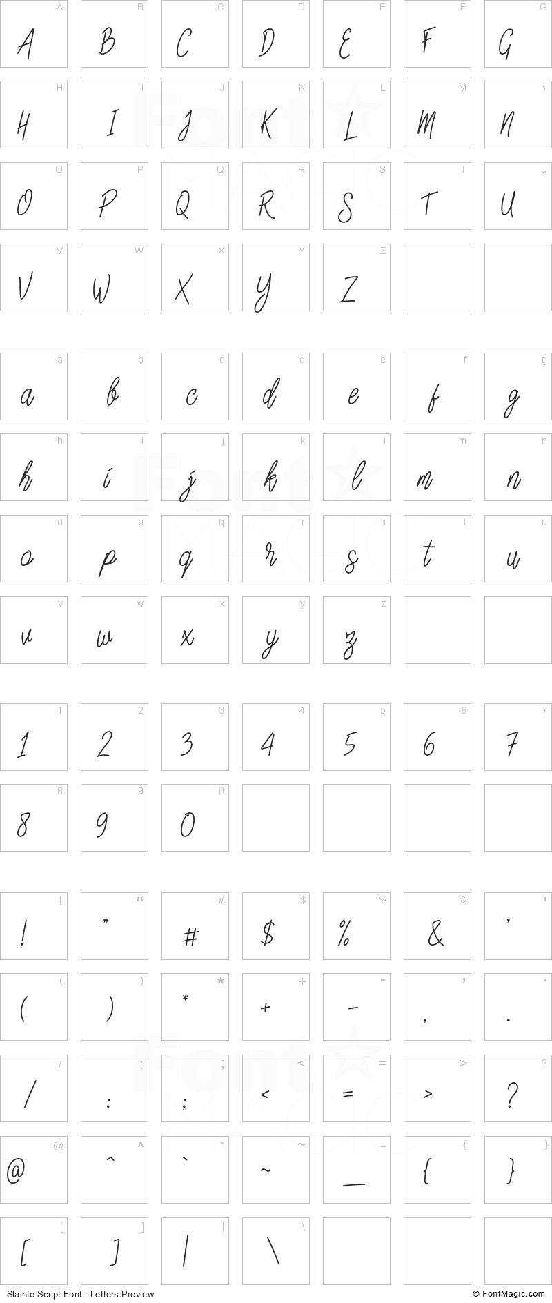 Slainte Script Font - All Latters Preview Chart