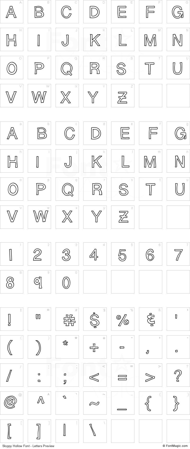 Sloppy Hollow Font - All Latters Preview Chart