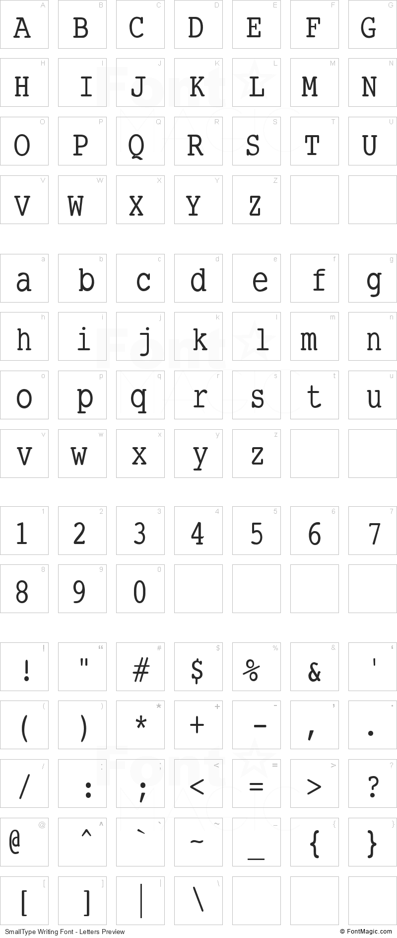 SmallType Writing Font - All Latters Preview Chart