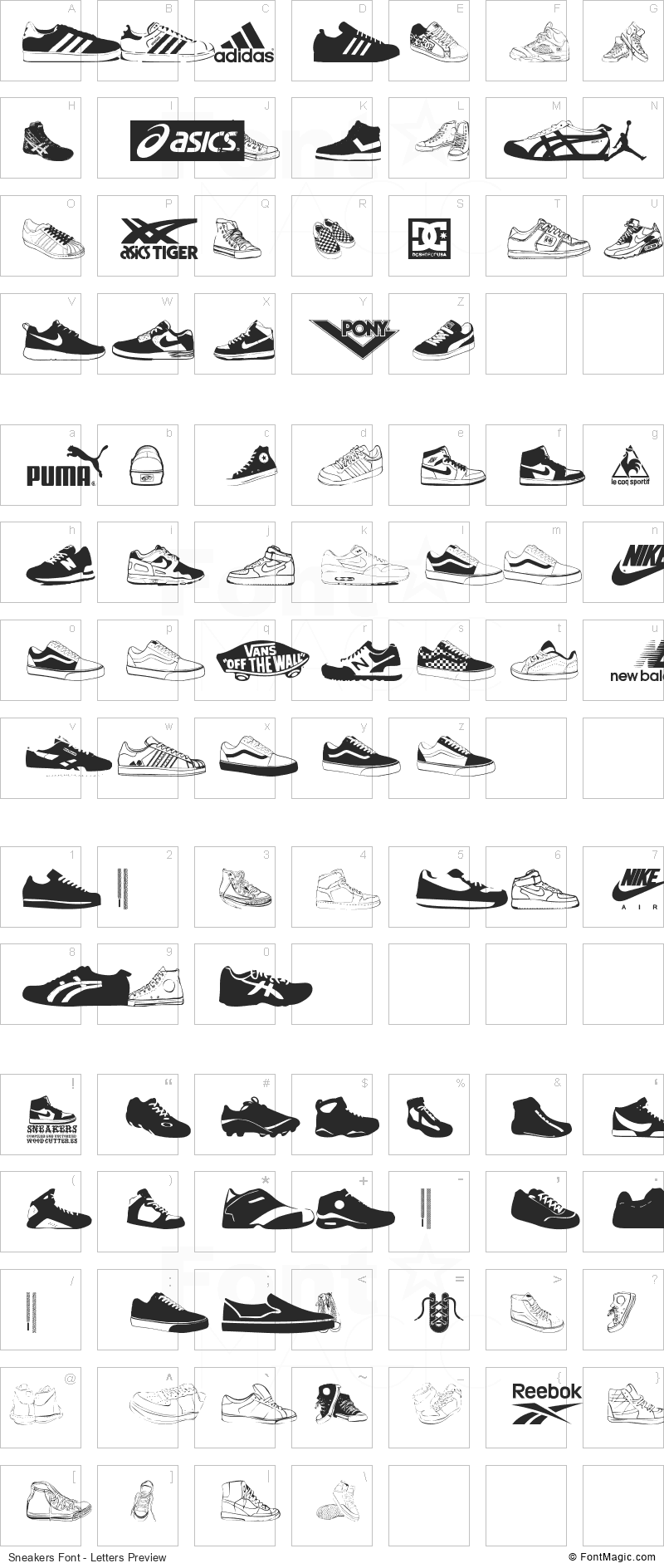 Sneakers Font - All Latters Preview Chart