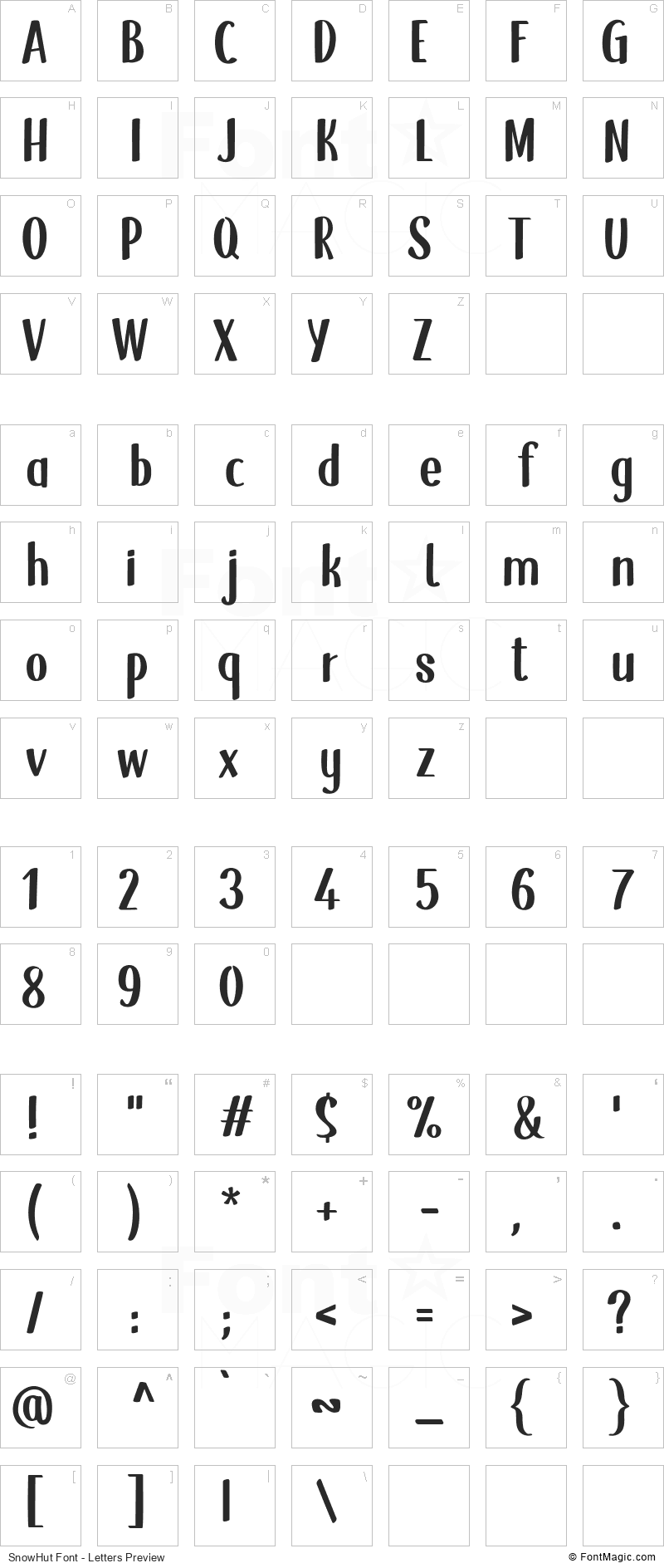 SnowHut Font - All Latters Preview Chart