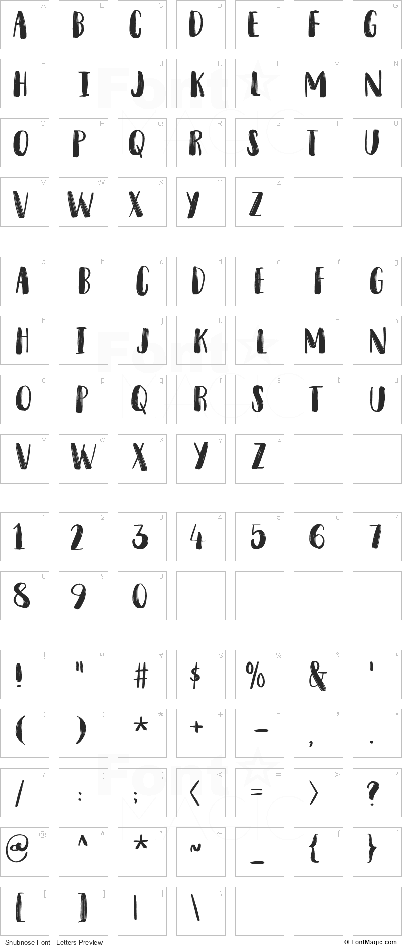Snubnose Font - All Latters Preview Chart