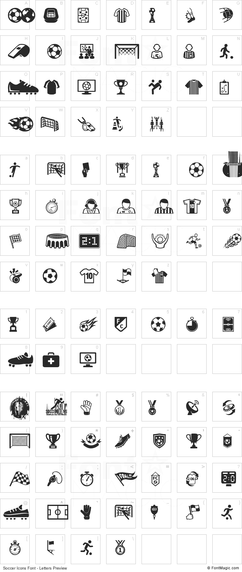 Soccer Icons Font - All Latters Preview Chart